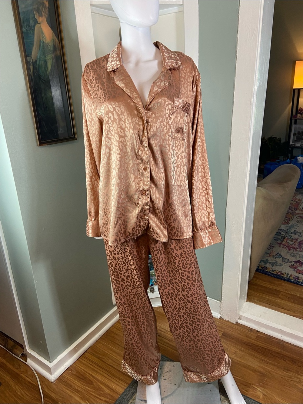 Show Me Your MuMu Rose Gold Cheetah Silky Metallic Leopard Satin Pajama Set L